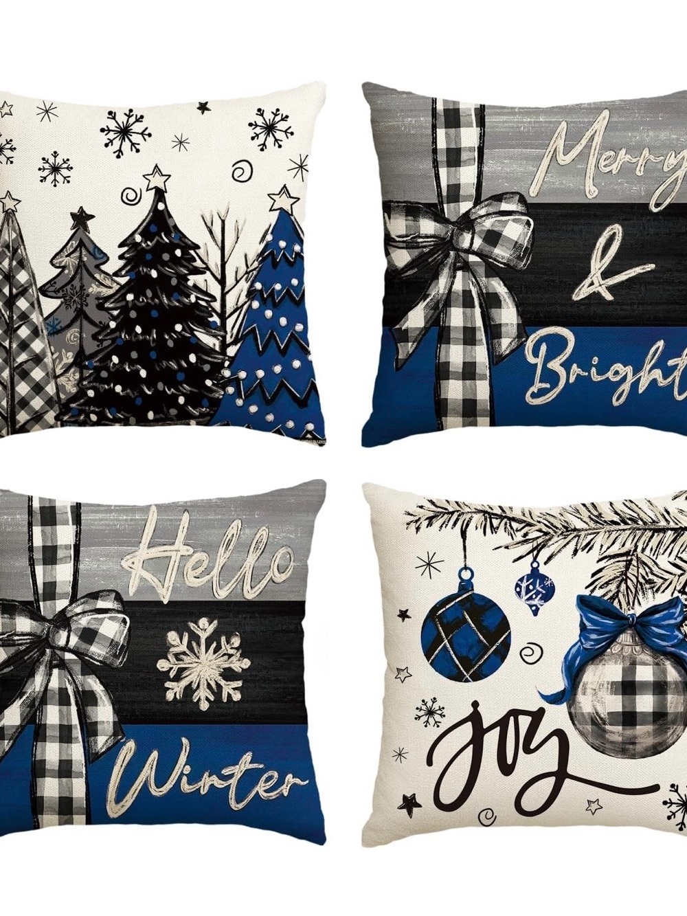 4 Holiday Throw Pillow Covers - Blue, Black & White, burlap feel, NWOT